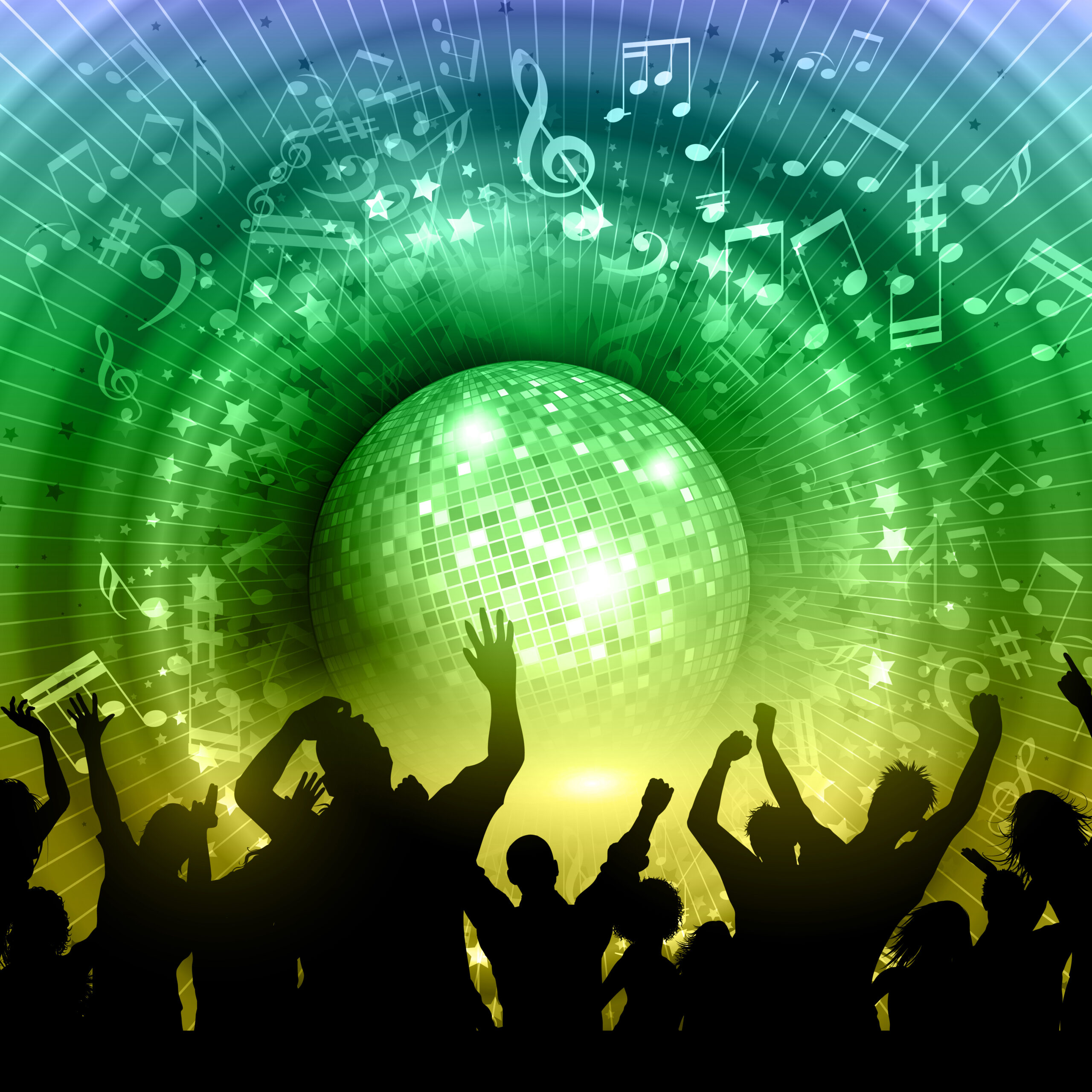 Silhouette of a party crowd on an abstract mirror ball background with music notes and rainbow colours