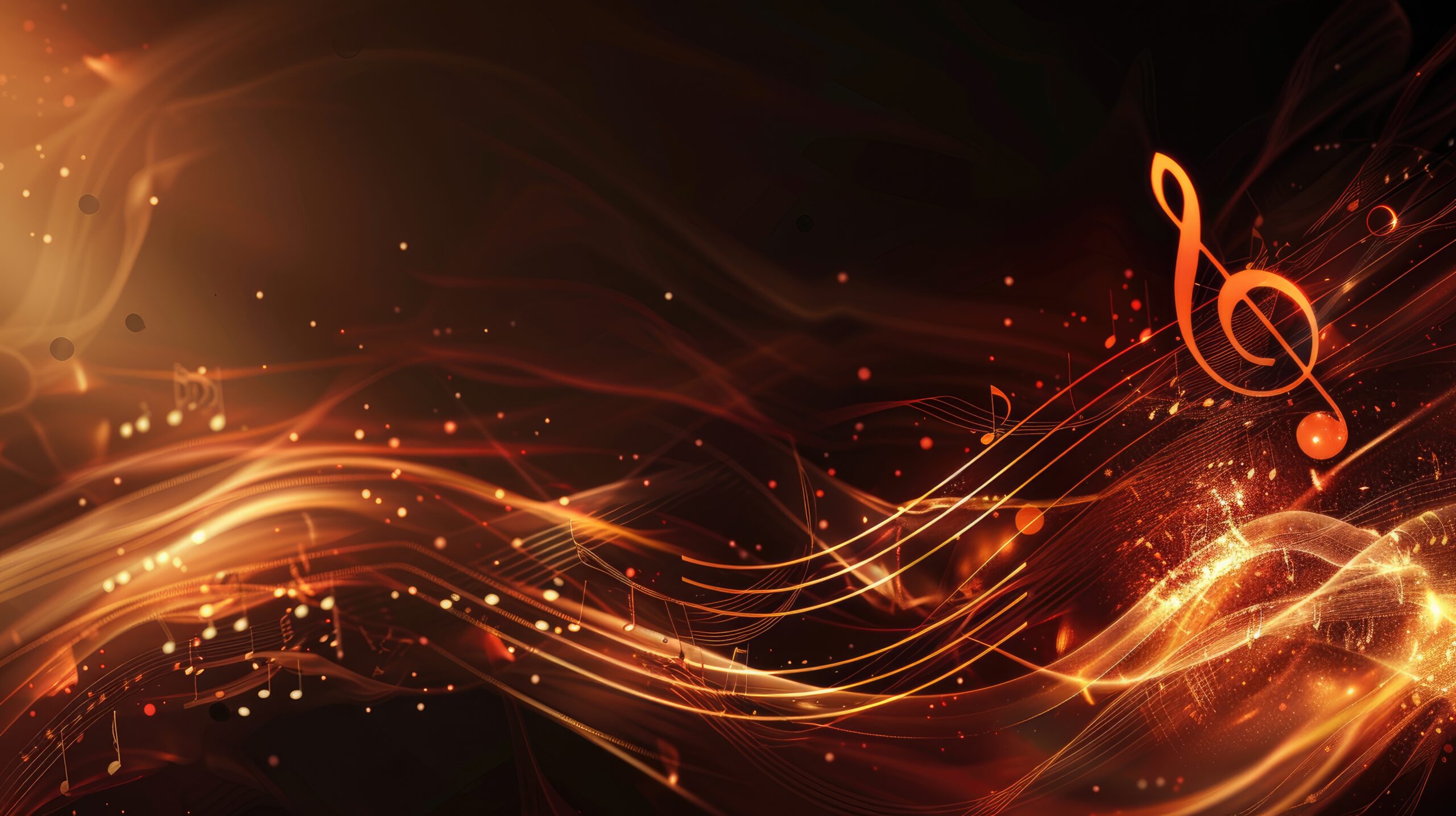 Abstract glowing musical notes on dynamic fiery background with flowing lines and sparkles