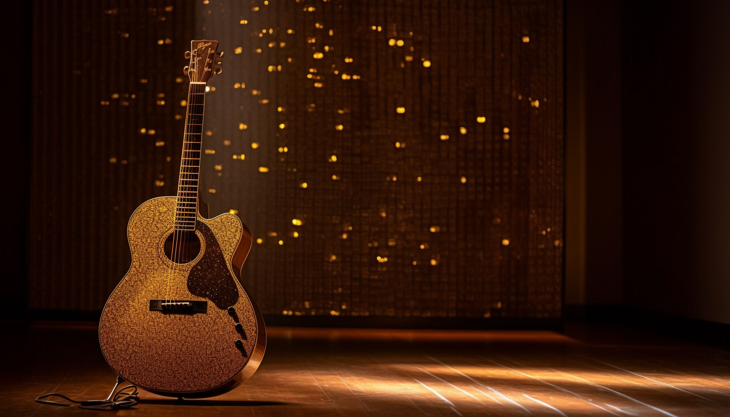 Guitarist playing on stage, illuminated by spotlight generated by artificial intelligence