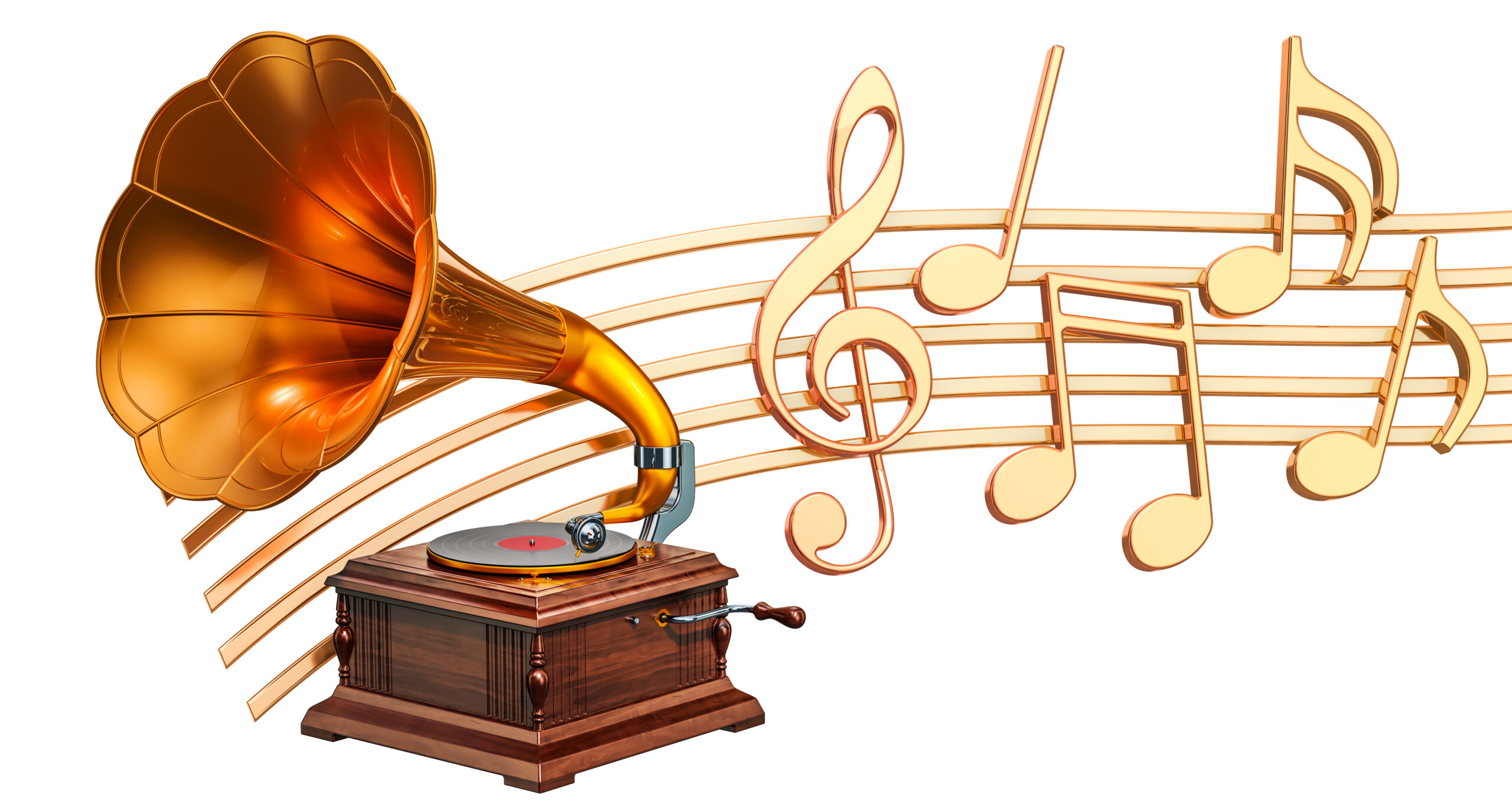 Musical concept. Gramophone with music notes, 3d rendering isolated on white background