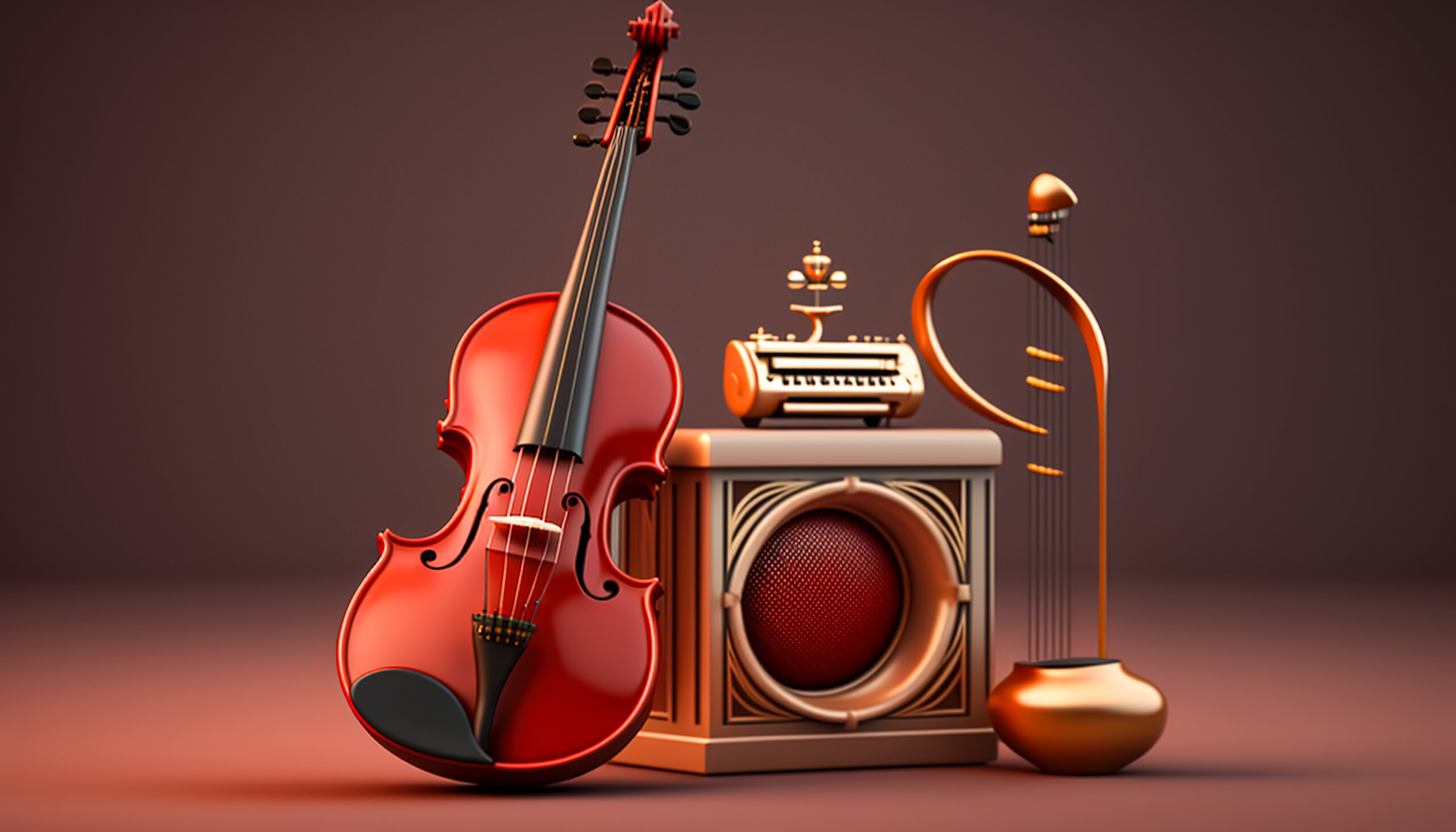 Violin and other stringed instruments on a blurred background.