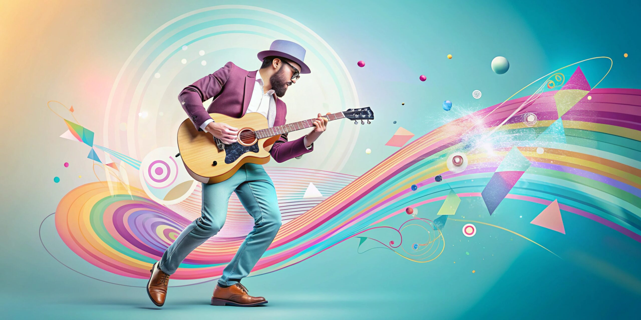 Stylish performer playing guitar on pastel color background. Copy space for ad, text. Modern design. Conceptual, contemporary artcollage. Retro styled, surrealism, fashionable
